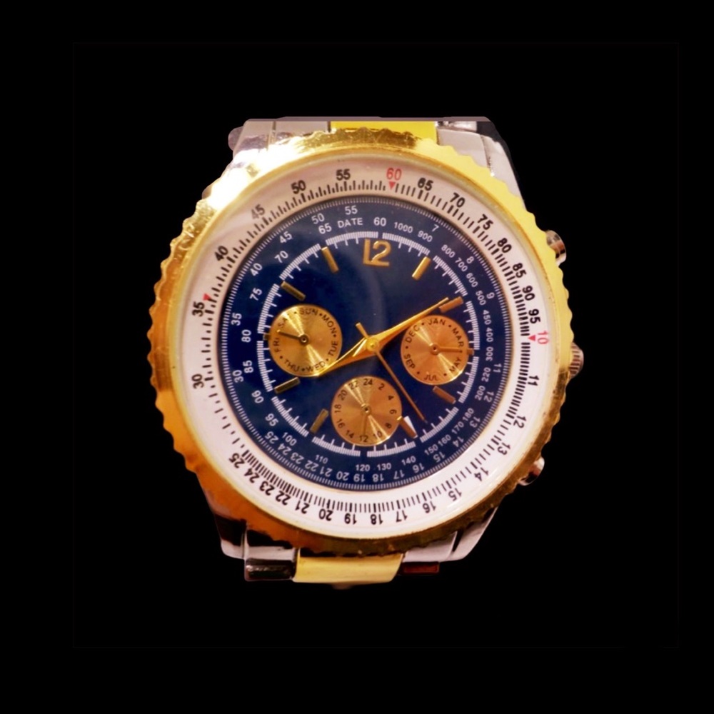 Mens Two Tone Stainless Steel Haband Chronograph Wristwatch Blue Gold